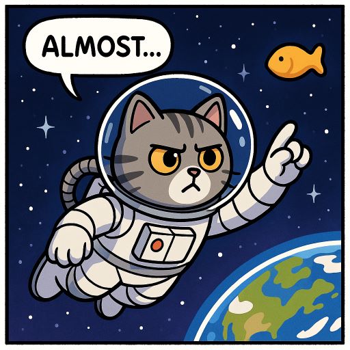 AI comic cat reaching for a fish-shaped cracker